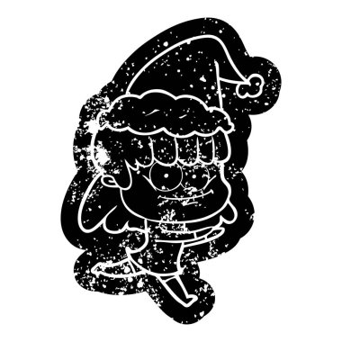 Noel Baba şapkası giyen bir gülümseyen kadın karikatür sıkıntılı simgesi