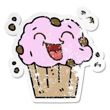 ilginç bir el sıkıntılı etiket karikatür mutlu muffin çizilmiş