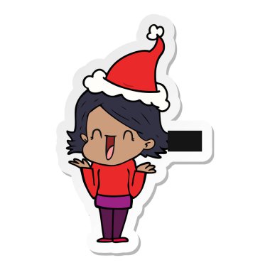 etiket karikatür Noel Baba şapkası giyen mutlu bir kadının el çekilmiş