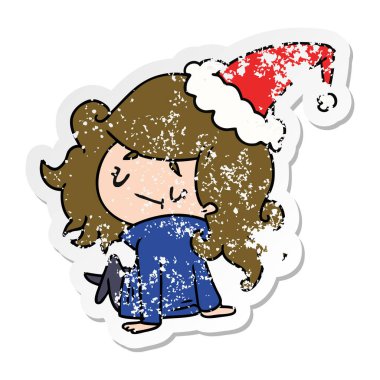 Noel sıkıntılı etiket karikatür kawaii kız el çekilmiş