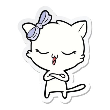 etiket üzerinde kafa yay ile bir karikatür kedi