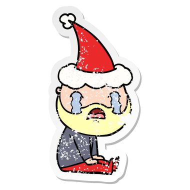 sıkıntılı etiket karikatür giyen Noel Baba şapkası ağlıyor sakallı bir adamın el çekilmiş