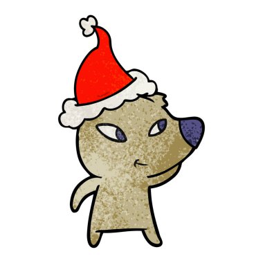 Noel Baba şapkası giyen bir ayının dokulu çizgi film sevimli el çekilmiş