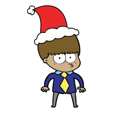 gömlek ve kravat Noel Baba şapkası giyen bir çocuğun sinir el çekilmiş çizgi çizme