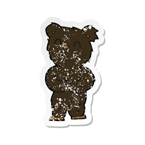 Retro angustiado adesivo de um desenho animado feliz pequeno urso preto —  Vetores de Stock