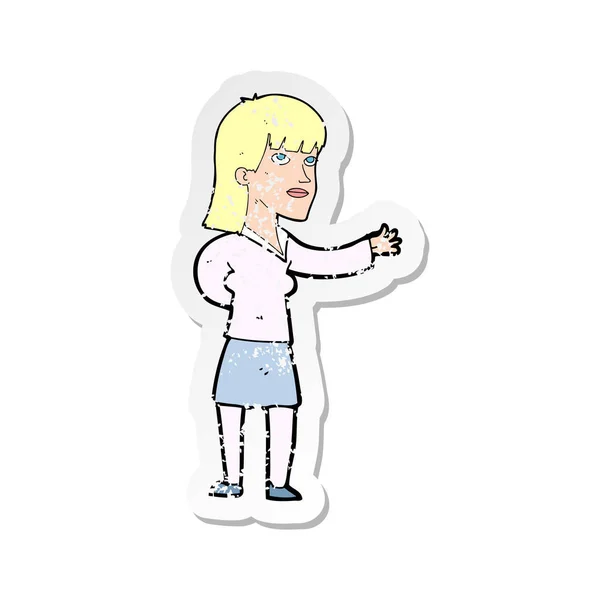 Retro noodlijdende sticker van een vrouw van de tekenfilm uit te leggen — Stockvector