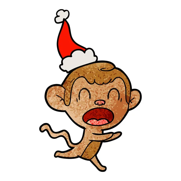 Shouting Hand Drawn Textured Cartoon Monkey Wearing Santa Hat — Stock Vector