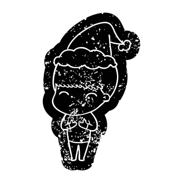 Felice cartone animato angosciato icona di un ragazzo che indossa cappello di Babbo Natale — Vettoriale Stock