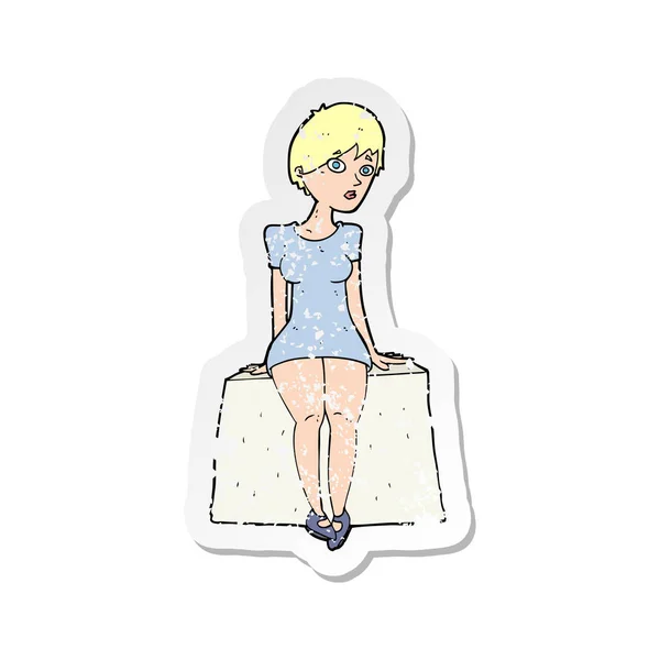 Retro distressed sticker of a cartoon curious woman sitting — Stock Vector