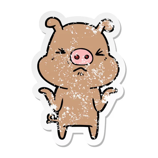 Distressed Sticker Cartoon Angry Pig — Stock Vector