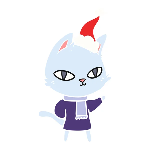 Hand Drawn Flat Color Illustration Cat Staring Wearing Santa Hat — Stock Vector