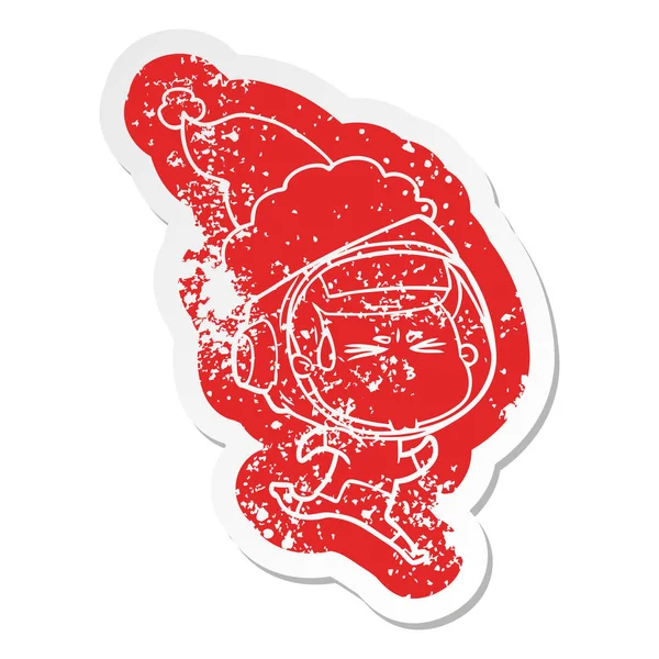 De noodlijdende sticker cartoon van een gestresste astronaut dragen van santa — Stockvector