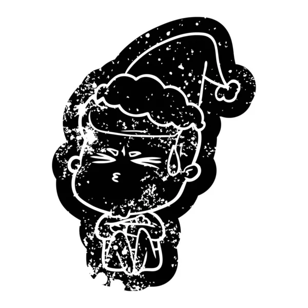 Icône de dessin animé en détresse d'un homme transpirant portant un chapeau de Père Noël — Image vectorielle