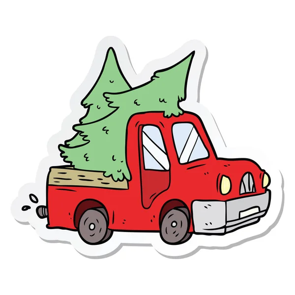 Sticker of a cartoon pickup truck carrying trees — Stock Vector