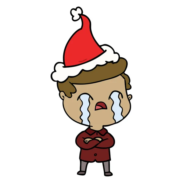 Dibujo Línea Dibujado Mano Hombre Llorando Con Sombrero Santa — Vector de stock