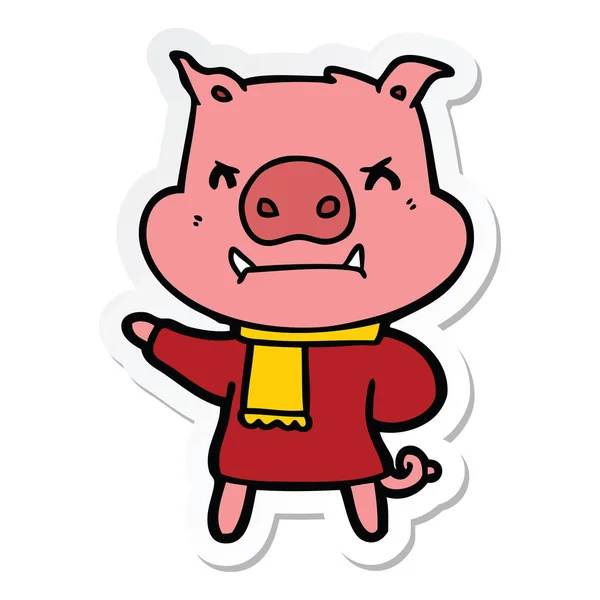 Sticker Angry Cartoon Pig Winter Clothes — Stock Vector