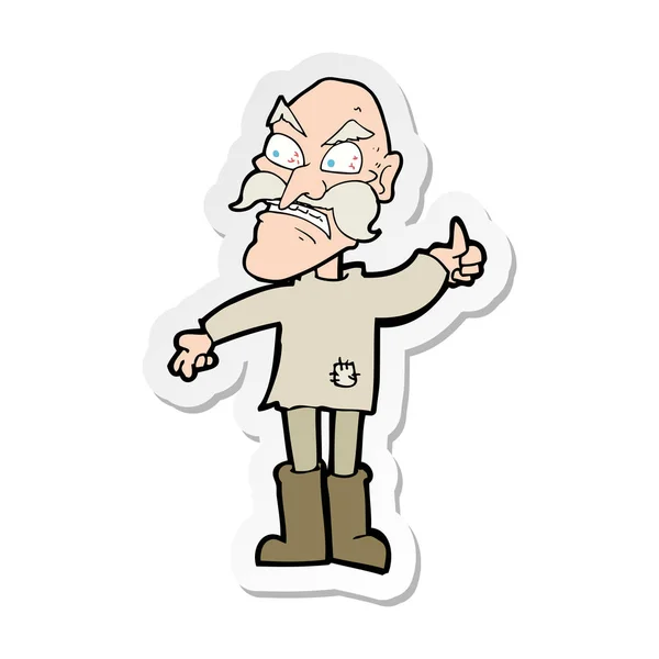 Autocollant d'un dessin animé vieil homme en colère dans des vêtements patchés — Image vectorielle