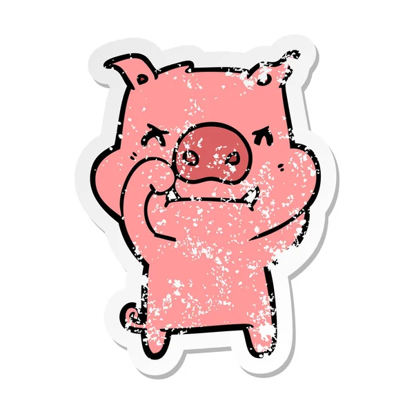 Distressed Sticker Angry Cartoon Pig — Stock Vector