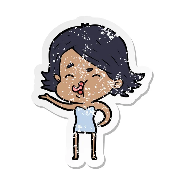 Distressed Sticker Cartoon Girl Pulling Face — Stock Vector