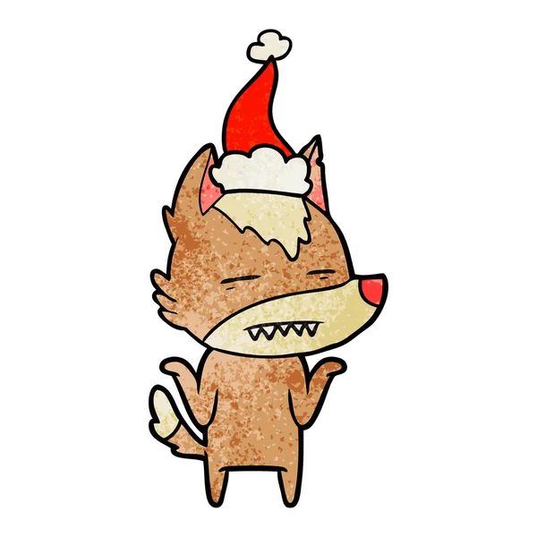 Texturierte Karikatur eines Wolfes, der Zähne mit Weihnachtsmütze zeigt — Stockvektor