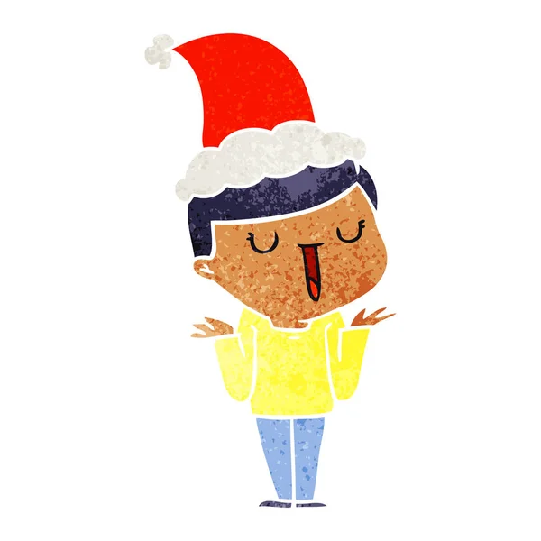 Handgezeichnete Retro Karikatur Eines Glücklichen Jungen Ohne Sorgen Mit Weihnachtsmütze — Stockvektor