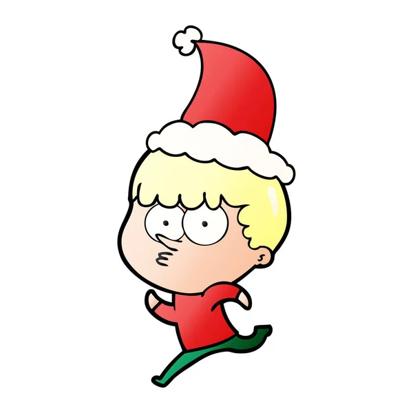 手绘梯度卡通一个好奇的男孩跑戴圣诞老人的帽子 — 图库矢量图片