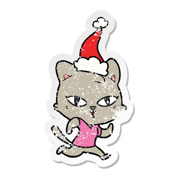 Bir kediyi dışarı çalışma giyen Noel Baba için sıkıntılı etiket karikatür — Stok Vektör
