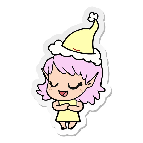 幸せな手描きサンタの帽子を身に着けているエルフの女の子のステッカー漫画 — ストックベクタ