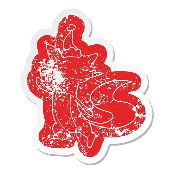 一个快乐的狐狸戴着圣诞老人帽的古怪的卡通苦恼的贴纸 — 图库矢量图片