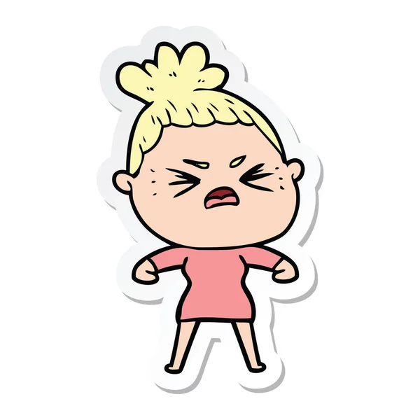 Etiket Bir Karikatür Kızgın Kadın — Stok Vektör