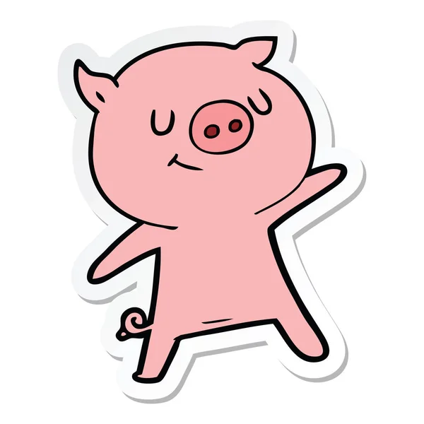 Stiker dari kartun bahagia babi melambaikan - Stok Vektor
