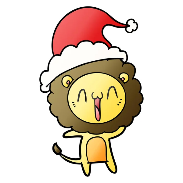 Heureux dégradé dessin animé d'un lion portant santa chapeau — Image vectorielle