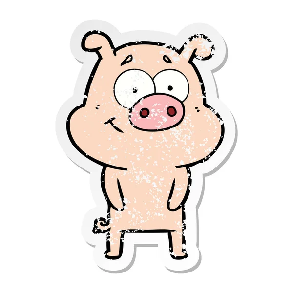 Autocollant de détresse d'un cochon de dessin animé heureux — Image vectorielle
