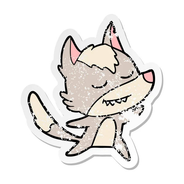 Verontruste Sticker Van Een Vriendelijke Cartoon Wolf Dansen — Stockvector