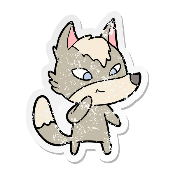 Verontruste Sticker Van Een Vriendelijke Cartoon Wolf — Stockvector