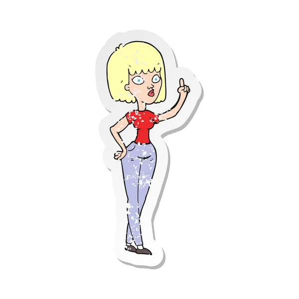 Retro Noodlijdende Sticker Van Een Cartoon Vrouw Met Idee — Stockvector