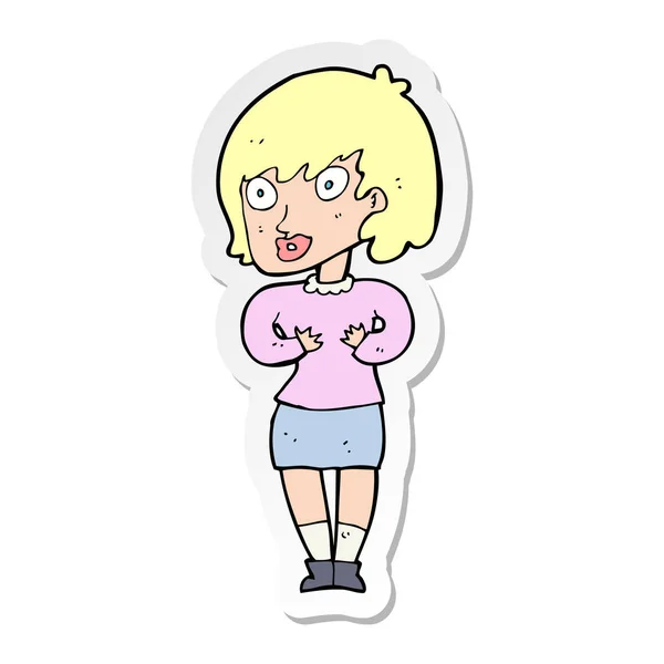 Sticker of a cartoon woman making Who Me gesture — Stock Vector