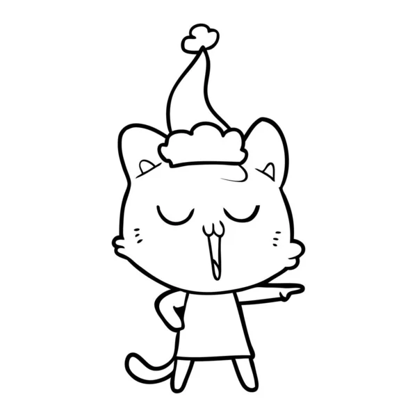 Vonalas rajz egy macska éneklő viselt santa kalap — Stock Vector