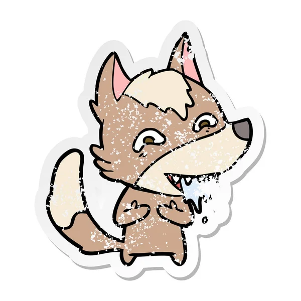 Verontruste Sticker Van Een Cartoon Hongerige Wolf — Stockvector