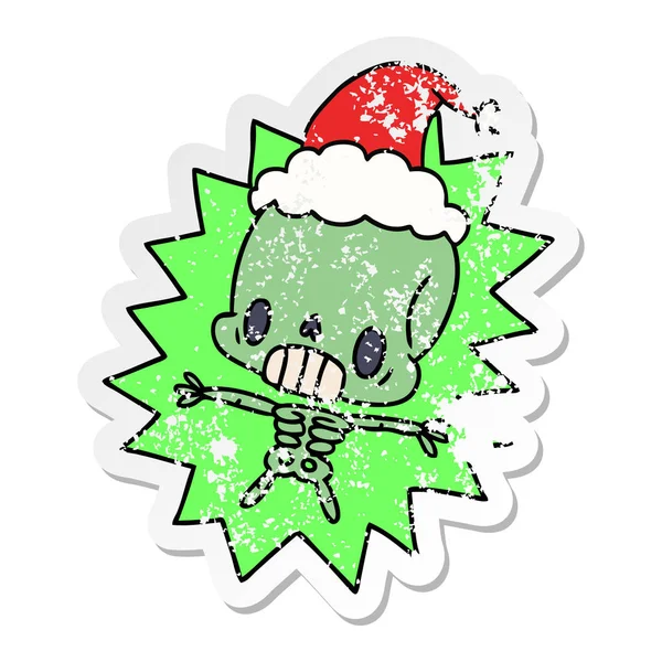 Hand Drawn Christmas Distressed Sticker Cartoon Kawaii Skeleton — Stock Vector