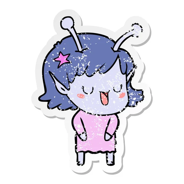 Distressed Sticker Happy Alien Girl Cartoon — Stock Vector