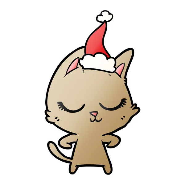 Ruhige Von Hand Gezeichnete Gradienten Karikatur Einer Katze Mit Weihnachtsmütze — Stockvektor