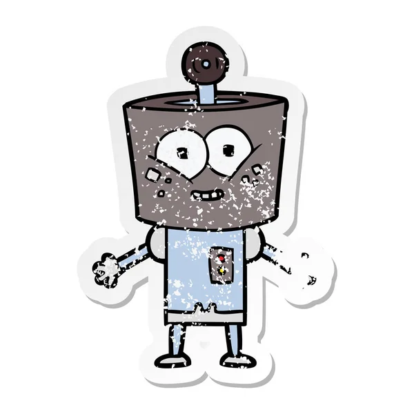 Verontruste Sticker Van Een Happy Cartoon Robot — Stockvector