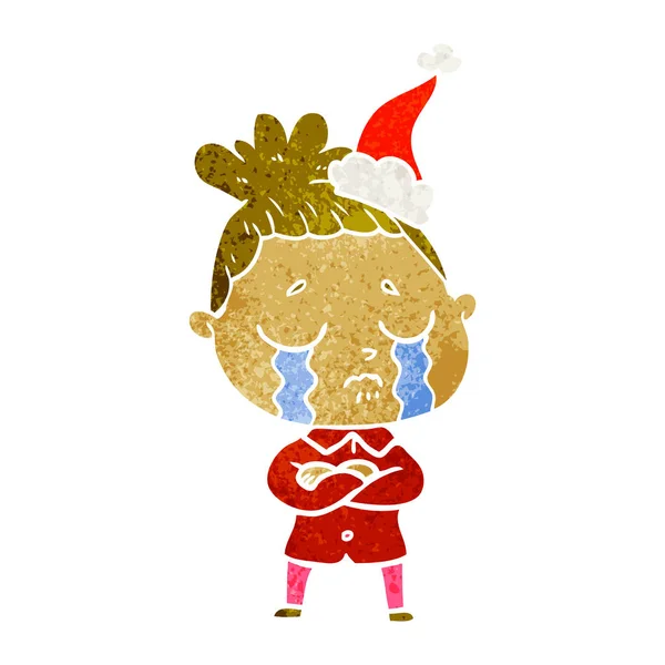 Retro cartoon van een huilende vrouw dragen KERSTMUTS — Stockvector