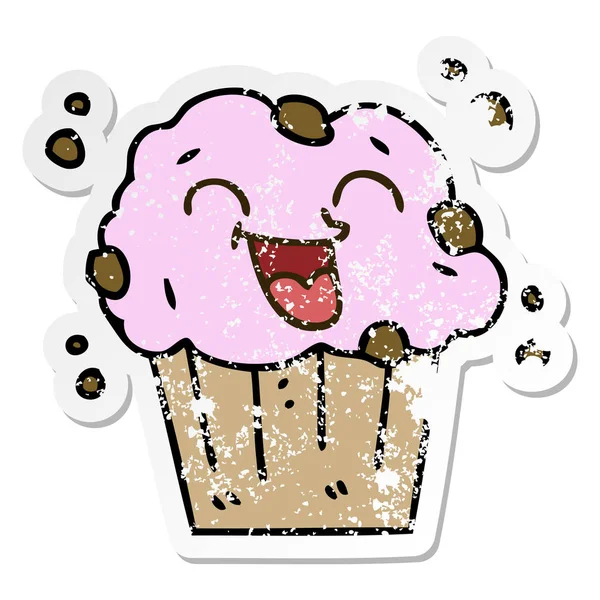 Adesivo Angosciato Eccentrico Mano Disegnato Cartone Animato Felice Muffin — Vettoriale Stock