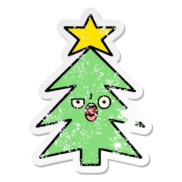 Pegatina angustiada de un lindo árbol de Navidad de dibujos animados — Vector de stock