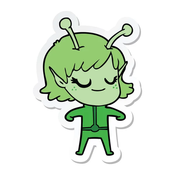 Sticker of a smiling alien girl cartoon — Stock Vector
