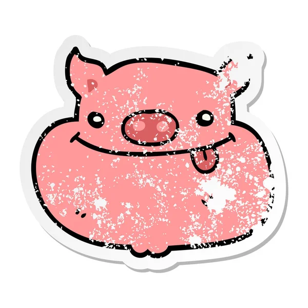 Distressed Sticker Cartoon Happy Pig Face — Stock Vector