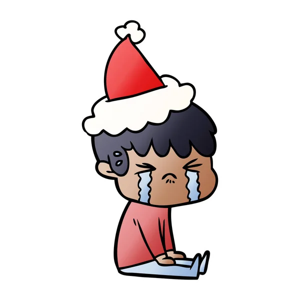 Gradient cartoon of a boy crying wearing santa hat — Stock Vector