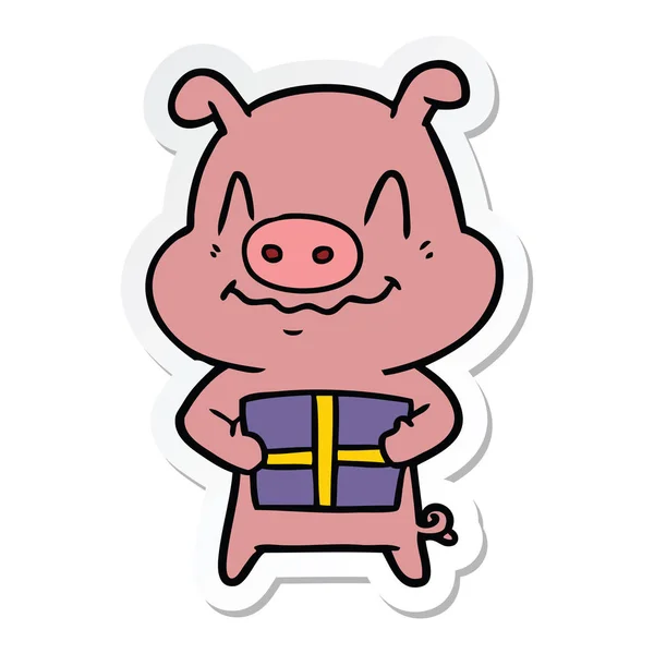 Sticker of a nervous cartoon pig with present — Stock Vector